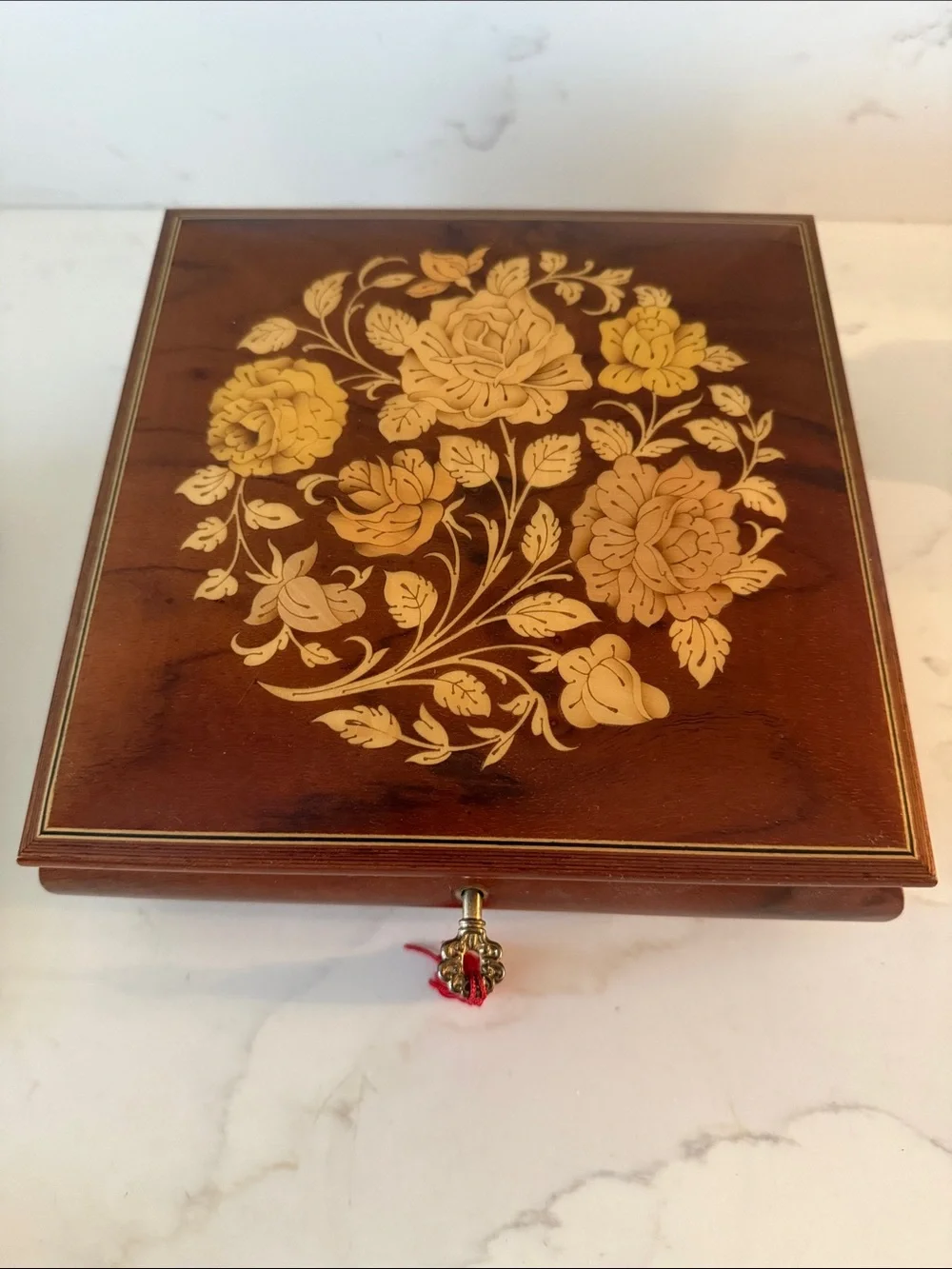 Vintage Italian Wooden Music Box with Floral Inlay